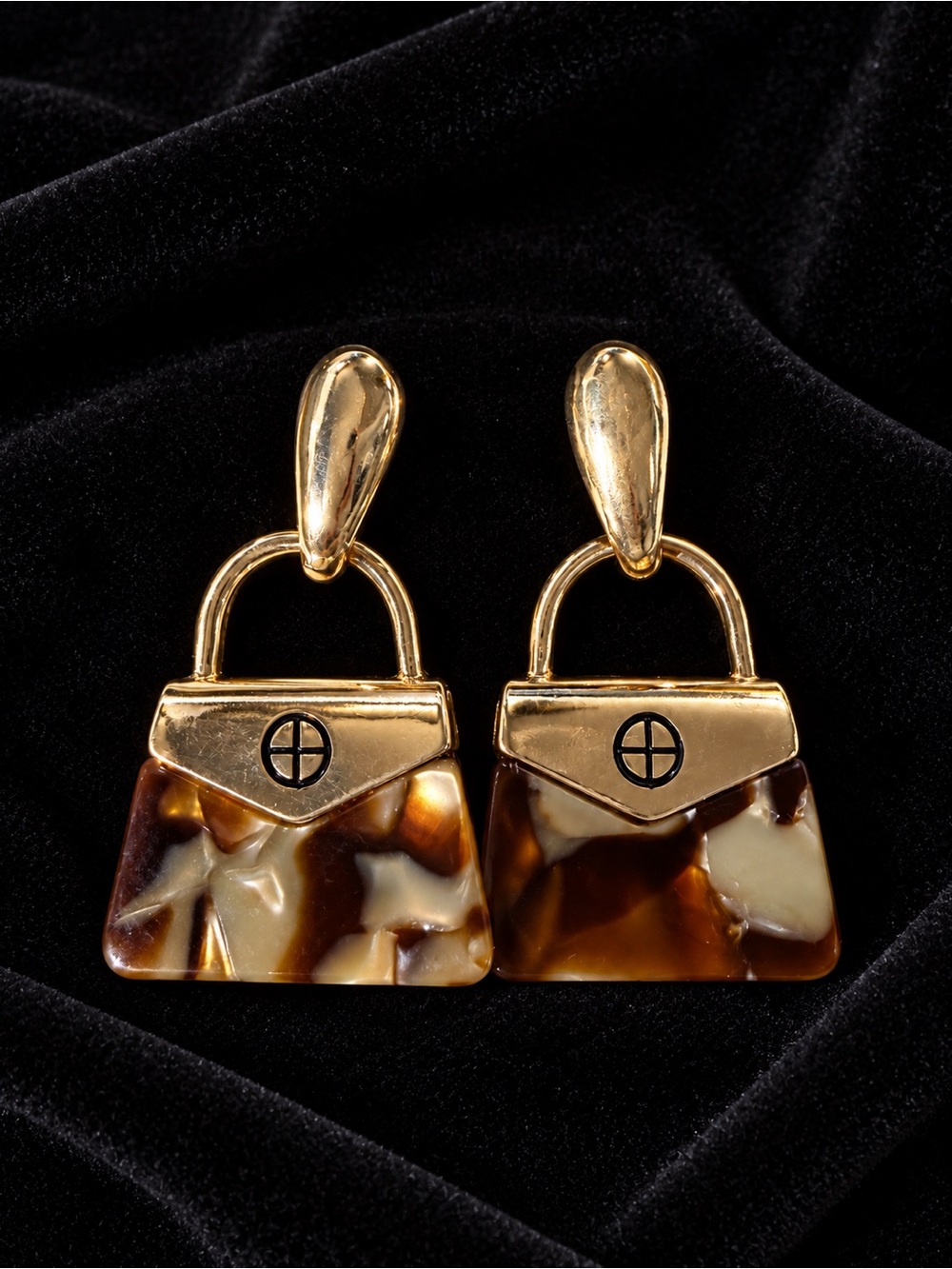 Gold and Tortoiseshell Handbag-Shaped Drop Earrings